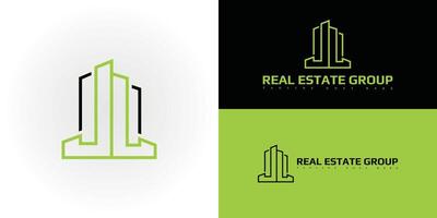 Abstract initial building letter JL or LJ logo in black and green color isolated on multiple background colors. The logo is suitable for property and real estate company icon logo design inspiration vector