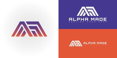 Abstract initial strip letter AM or MA logo in gradient violet color isolated on multiple background colors. The logo is suitable for real estate and construction company icon logo design inspiration vector