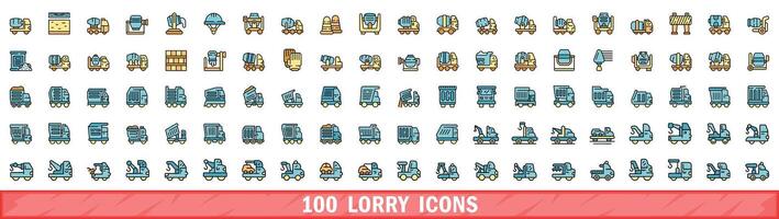 100 lorry icons set, color line style vector