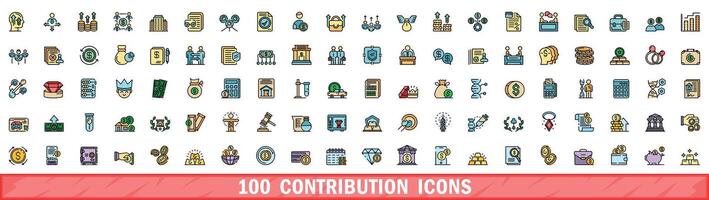 100 contribution icons set, color line style vector