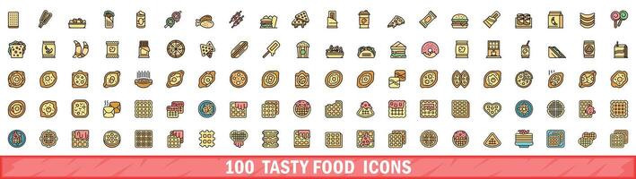 100 tasty food icons set, color line style vector