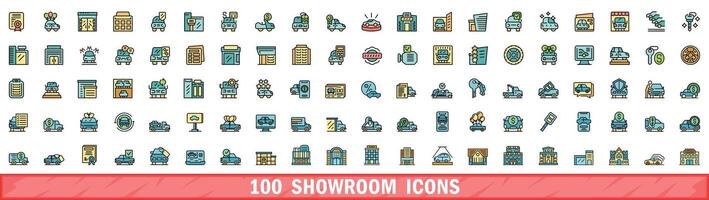 100 showroom icons set, color line style vector