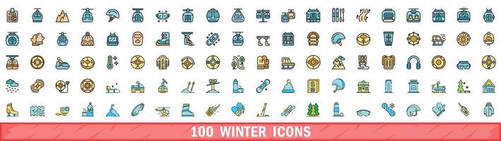 100 winter icons set, color line style vector