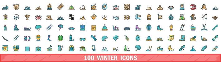 100 winter icons set, color line style vector