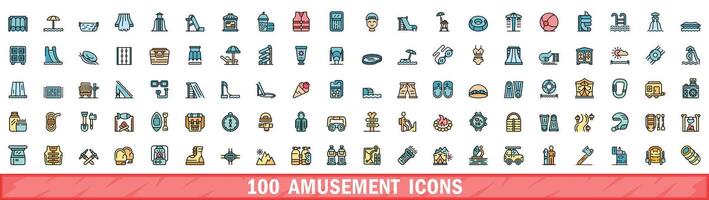 100 amusement icons set, color line style vector