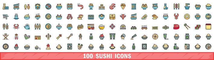 100 sushi icons set, color line style vector