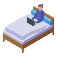 Woman working in bed icon isometric . Laptop creative vector