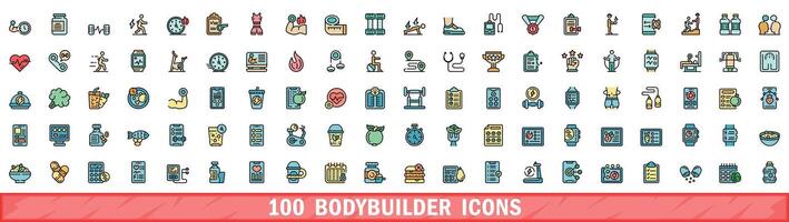 100 bodybuilder icons set, color line style vector