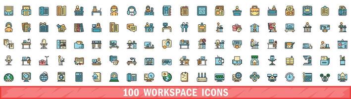 100 workspace icons set, color line style vector