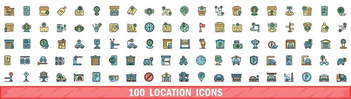 100 location icons set, color line style vector