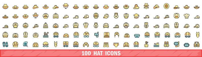 100 hat icons set, color line style vector