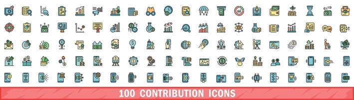 100 contribution icons set, color line style vector