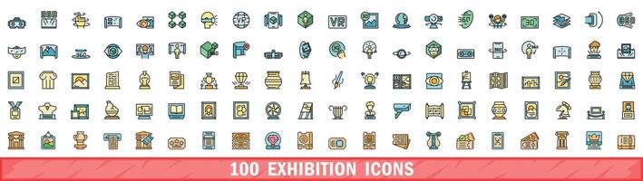 100 exhibition icons set, color line style vector