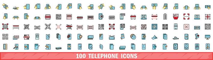 100 telephone icons set, color line style vector