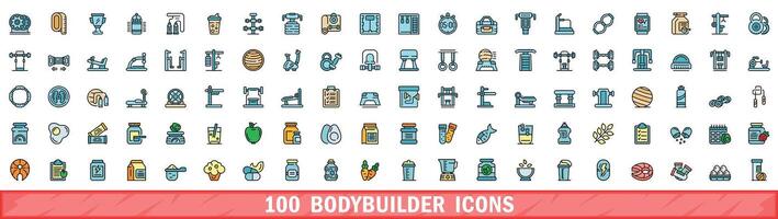 100 bodybuilder icons set, color line style vector