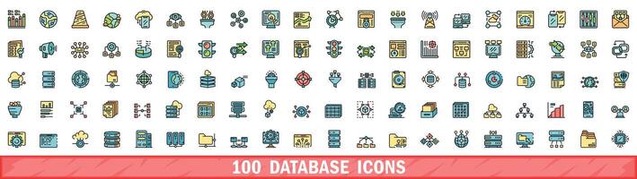 100 database icons set, color line style vector