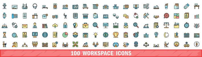 100 workspace icons set, color line style vector