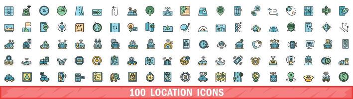 100 location icons set, color line style vector