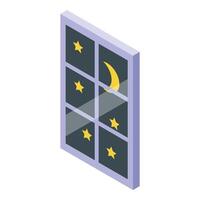 Luna y estrellas en ventana icono isométrica . noche cielo vector