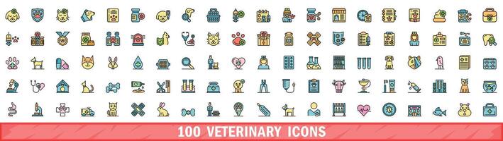 100 veterinary icons set, color line style vector