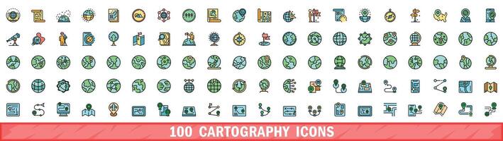 100 cartography icons set, color line style vector