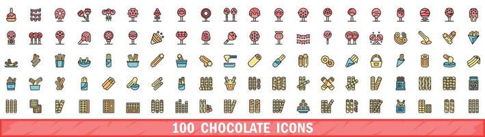 100 chocolate icons set, color line style vector