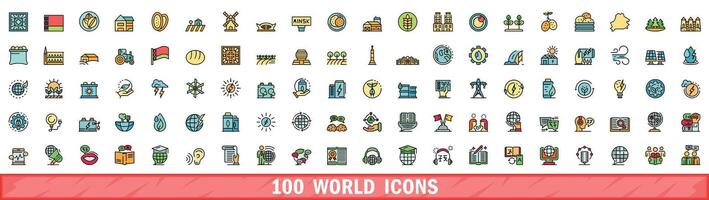 100 world icons set, color line style vector