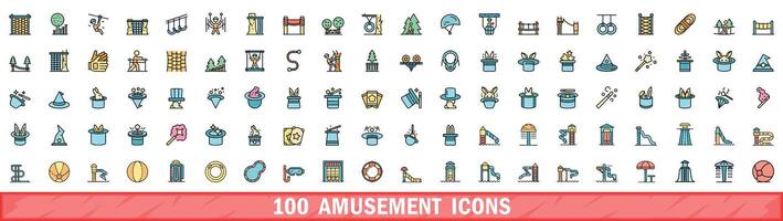 100 amusement icons set, color line style vector