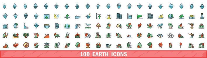 100 earth icons set, color line style vector