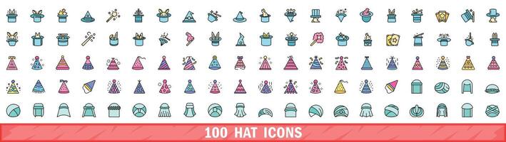 100 hat icons set, color line style vector