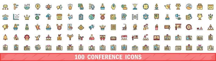 100 conference icons set, color line style vector