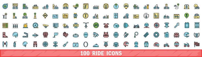 100 ride icons set, color line style vector