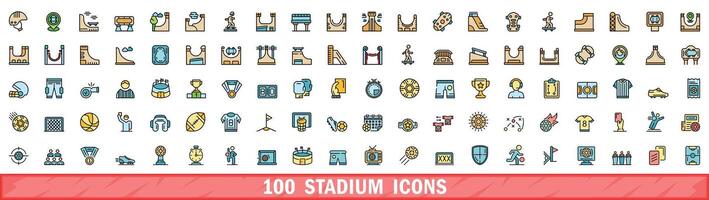 100 stadium icons set, color line style vector