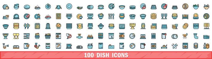 100 dish icons set, color line style vector