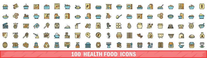 100 health food icons set, color line style vector