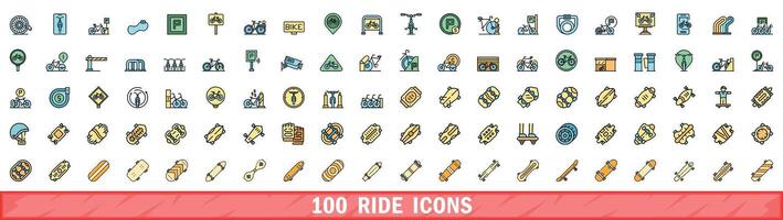 100 ride icons set, color line style vector