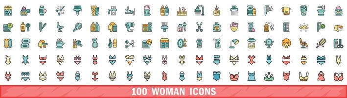 100 woman icons set, color line style vector