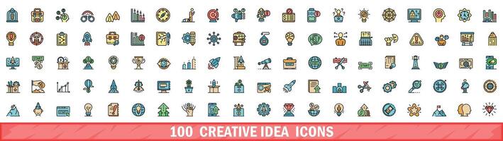 100 creative idea icons set, color line style vector