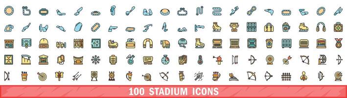 100 stadium icons set, color line style vector