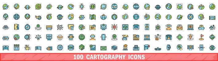 100 cartography icons set, color line style vector