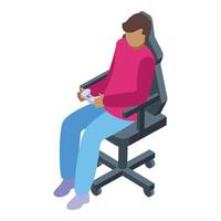 Gamer with joystick on chair icon isometric . Gaming console vector