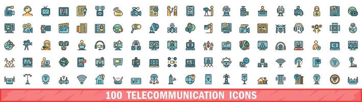 100 telecommunication icons set, color line style vector
