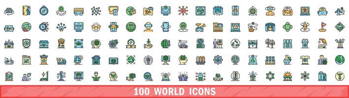 100 world icons set, color line style vector