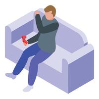 Gamer stress on sofa icon isometric . Adult television vector