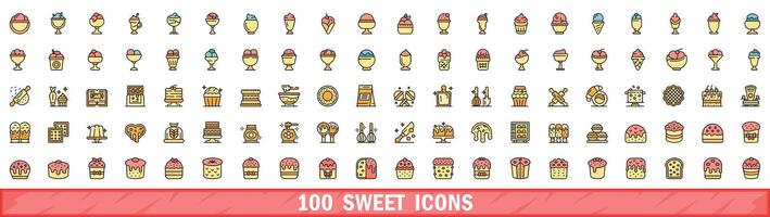 100 sweet icons set, color line style vector
