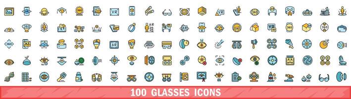 100 glasses icons set, color line style vector