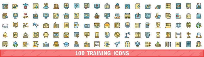 100 training icons set, color line style vector