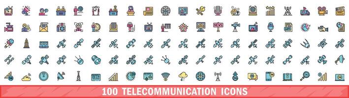 100 telecommunication icons set, color line style vector