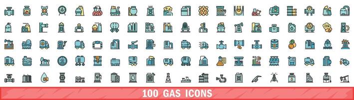 100 gas icons set, color line style vector