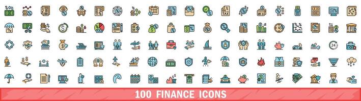 100 finance icons set, color line style vector